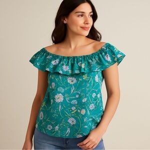 LOFT Teal Floral Ruffle Blouse